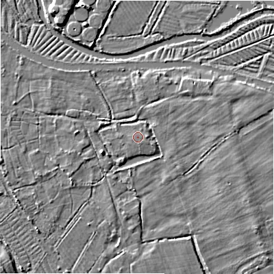 Shaded relief map of the ground around SP54DX, computed from Environment Agency LiDAR. The ground here sits at about 44 m above sea level and falls 7 m across the surrounding 800 m. Surface water reaching this point runs off ground lying to the south-south-east, 0.6 m higher.