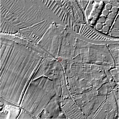 Shaded relief map of the ground around SP54DY, computed from Environment Agency LiDAR. The ground here sits at about 44 m above sea level and falls 26 m across the surrounding 800 m. Surface water reaching this point runs off ground lying to the south-west, 1.5 m higher.