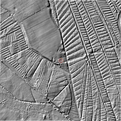 Shaded relief map of the ground around SP54DZ, computed from Environment Agency LiDAR. The ground here sits at about 42 m above sea level and falls 4 m across the surrounding 800 m. Surface water reaching this point runs off ground lying to the north-west, 2.0 m higher.