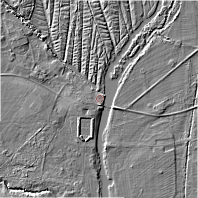 Shaded relief map of the ground around SP54ED, computed from Environment Agency LiDAR. The ground here sits at about 41 m above sea level and falls 4 m across the surrounding 800 m. Surface water reaching this point runs off ground lying to the south-south-east, 2.3 m higher.