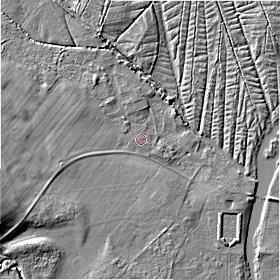 Shaded relief map of the ground around SP54EE, computed from Environment Agency LiDAR. The ground here sits at about 42 m above sea level and falls 8 m across the surrounding 800 m. Surface water reaching this point runs off ground lying to the north-west, 0.6 m higher.