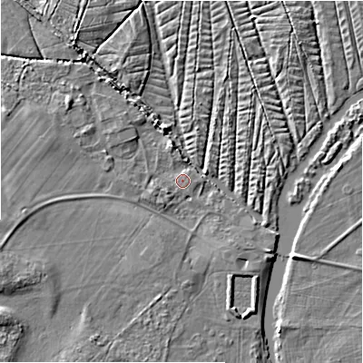 Shaded relief map of the ground around SP54EG, computed from Environment Agency LiDAR. The ground here sits at about 41 m above sea level and falls 5 m across the surrounding 800 m. Surface water reaching this point runs off ground lying to the west-south-west, 1.3 m higher.