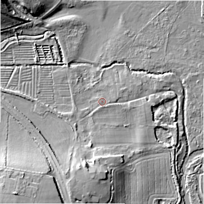 Shaded relief map of the ground around SP54EN, computed from Environment Agency LiDAR. The ground here sits at about 42 m above sea level and falls 20 m across the surrounding 800 m. Surface water reaching this point runs off ground lying to the south, 9.4 m higher.
