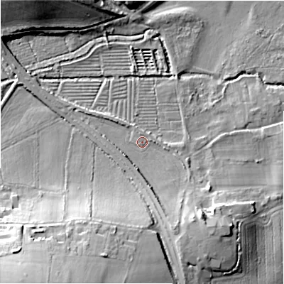 Shaded relief map of the ground around SP54EQ, computed from Environment Agency LiDAR. The ground here sits at about 43 m above sea level and falls 27 m across the surrounding 800 m. Surface water reaching this point runs off ground lying to the south-south-east, 9.3 m higher.
