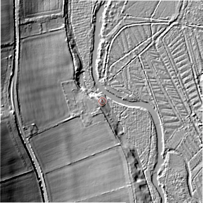 Shaded relief map of the ground around SP54EZ, computed from Environment Agency LiDAR. The ground here sits at about 41 m above sea level and falls 21 m across the surrounding 800 m. Surface water reaching this point runs off ground lying to the west, 1.5 m higher.