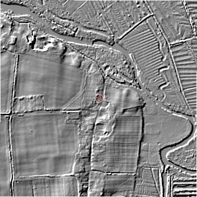 Shaded relief map of the ground around SP54HF, computed from Environment Agency LiDAR. The ground here sits at about 39 m above sea level and falls 5 m across the surrounding 800 m. Surface water reaching this point runs off ground lying to the north, 1.0 m higher.