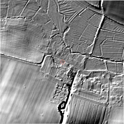 Shaded relief map of the ground around SP54JB, computed from Environment Agency LiDAR. The ground here sits at about 49 m above sea level and falls 54 m across the surrounding 800 m. Surface water reaching this point runs off ground lying to the south-west, 51.2 m higher.