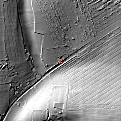 Shaded relief map of the ground around SP54JT, computed from Environment Agency LiDAR. The ground here sits at about 75 m above sea level and falls 39 m across the surrounding 800 m. Surface water reaching this point runs off ground lying to the north, 25.6 m higher.