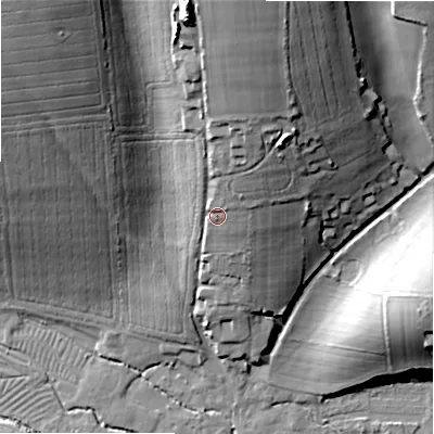 Shaded relief map of the ground around SP54LD, computed from Environment Agency LiDAR. The ground here sits at about 74 m above sea level and falls 41 m across the surrounding 800 m. Surface water reaching this point runs off ground lying to the north, 22.8 m higher.