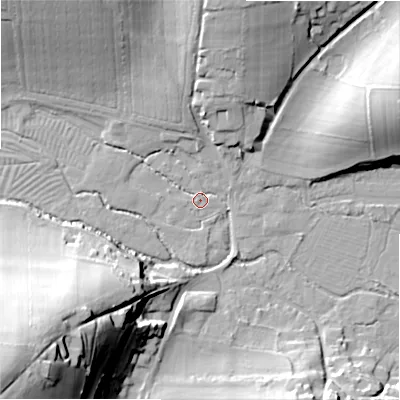 Shaded relief map of the ground around SP54LE, computed from Environment Agency LiDAR. The ground here sits at about 59 m above sea level and falls 49 m across the surrounding 800 m. Surface water reaching this point runs off ground lying to the south-west, 1.0 m higher.