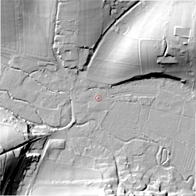 Shaded relief map of the ground around SP54LG, computed from Environment Agency LiDAR. The ground here sits at about 59 m above sea level and falls 32 m across the surrounding 800 m. Surface water reaching this point runs off ground lying to the south-south-west, 0.8 m higher.