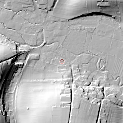 Shaded relief map of the ground around SP54LR, computed from Environment Agency LiDAR. The ground here sits at about 59 m above sea level and falls 36 m across the surrounding 800 m. Surface water reaching this point runs off ground lying to the south, 34.4 m higher.