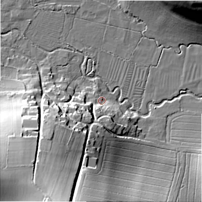 Shaded relief map of the ground around SP54LZ, computed from Environment Agency LiDAR. The ground here sits at about 60 m above sea level and falls 46 m across the surrounding 800 m. Surface water reaching this point runs off ground lying to the south-south-west, 43.4 m higher.
