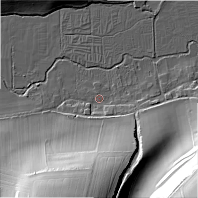 Shaded relief map of the ground around SP54NG, computed from Environment Agency LiDAR. The ground here sits at about 56 m above sea level and falls 63 m across the surrounding 800 m. Surface water reaching this point runs off ground lying to the south, 51.4 m higher.