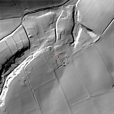 Shaded relief map of the ground around SP55BP, computed from Environment Agency LiDAR. The ground here sits at about 104 m above sea level and falls 33 m across the surrounding 800 m. Surface water reaching this point runs off ground lying to the west-south-west, 7.9 m higher.