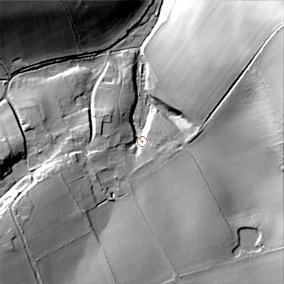 Shaded relief map of the ground around SP55BQ, computed from Environment Agency LiDAR. The ground here sits at about 96 m above sea level and falls 48 m across the surrounding 800 m. Surface water reaching this point runs off ground lying to the south-west, 22.0 m higher.