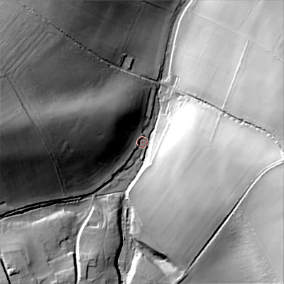 Shaded relief map of the ground around SP55BW, computed from Environment Agency LiDAR. The ground here sits at about 93 m above sea level and falls 54 m across the surrounding 800 m. Surface water reaching this point runs off ground lying to the east-south-east, 46.0 m higher.