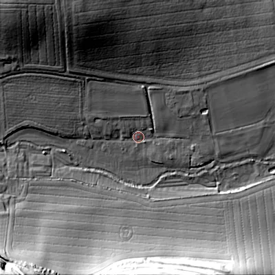 Shaded relief map of the ground around SP55ED, computed from Environment Agency LiDAR. The ground here sits at about 76 m above sea level and falls 43 m across the surrounding 800 m. Surface water reaching this point runs off ground lying to the west-north-west, 2.9 m higher.