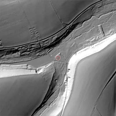 Shaded relief map of the ground around SP55HH, computed from Environment Agency LiDAR. The ground here sits at about 85 m above sea level and falls 41 m across the surrounding 800 m. Surface water reaching this point runs off ground lying to the east-south-east, 38.6 m higher.
