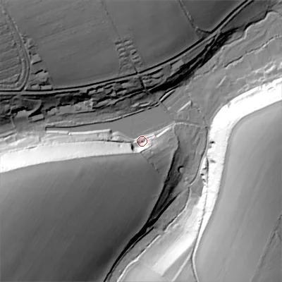 Shaded relief map of the ground around SP55HJ, computed from Environment Agency LiDAR. The ground here sits at about 86 m above sea level and falls 42 m across the surrounding 800 m. Surface water reaching this point runs off ground lying to the west-south-west, 39.9 m higher.