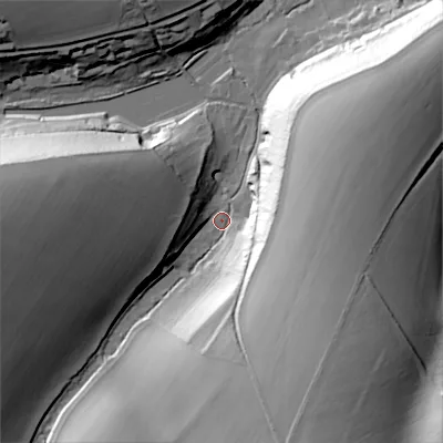 Shaded relief map of the ground around SP55HQ, computed from Environment Agency LiDAR. The ground here sits at about 87 m above sea level and falls 40 m across the surrounding 800 m. Surface water reaching this point runs off ground lying to the south-south-east, 36.0 m higher.
