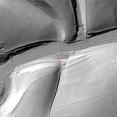 Shaded relief map of the ground around SP55JB, computed from Environment Agency LiDAR. The ground here sits at about 101 m above sea level and falls 59 m across the surrounding 800 m. Surface water reaching this point runs off ground lying to the south-south-east, 56.6 m higher.