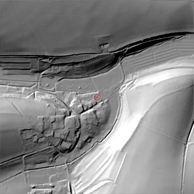 Shaded relief map of the ground around SP55JE, computed from Environment Agency LiDAR. The ground here sits at about 102 m above sea level and falls 62 m across the surrounding 800 m. Surface water reaching this point runs off ground lying to the south-south-west, 3.1 m higher.