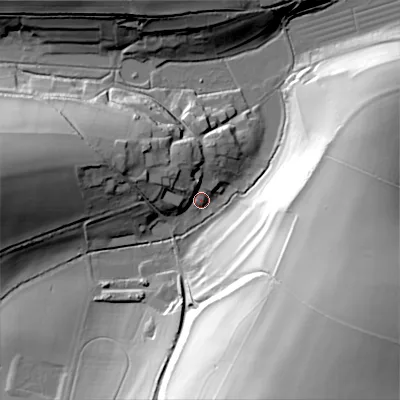 Shaded relief map of the ground around SP55JG, computed from Environment Agency LiDAR. The ground here sits at about 107 m above sea level and falls 73 m across the surrounding 800 m. Surface water reaching this point runs off ground lying to the south-south-east, 68.8 m higher.