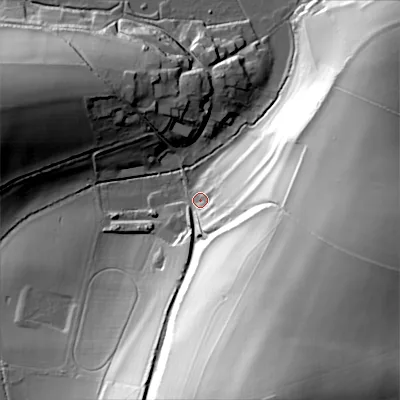 Shaded relief map of the ground around SP55JH, computed from Environment Agency LiDAR. The ground here sits at about 108 m above sea level and falls 88 m across the surrounding 800 m. Surface water reaching this point runs off ground lying to the south-south-east, 81.8 m higher.