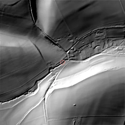Shaded relief map of the ground around SP55JS, computed from Environment Agency LiDAR. The ground here sits at about 104 m above sea level and falls 55 m across the surrounding 800 m. Surface water reaching this point runs off ground lying to the north-west, 54.0 m higher.