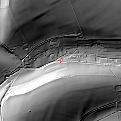 Shaded relief map of the ground around SP55JW, computed from Environment Agency LiDAR. The ground here sits at about 104 m above sea level and falls 59 m across the surrounding 800 m. Surface water reaching this point runs off ground lying to the north-north-west, 58.0 m higher.