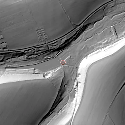 Shaded relief map of the ground around SP55QH, computed from Environment Agency LiDAR. The ground here sits at about 85 m above sea level and falls 41 m across the surrounding 800 m. Surface water reaching this point runs off ground lying to the east-south-east, 38.6 m higher.