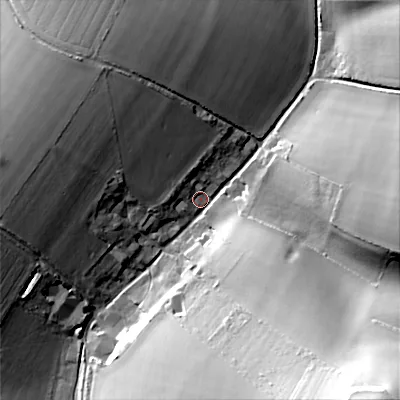 Shaded relief map of the ground around SP55QX, computed from Environment Agency LiDAR. The ground here sits at about 91 m above sea level and falls 54 m across the surrounding 800 m. Surface water reaching this point runs off ground lying to the south-east, 51.3 m higher.