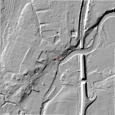 Shaded relief map of the ground around SP61AF, computed from Environment Agency LiDAR. The ground here sits at about 28 m above sea level and falls 10 m across the surrounding 800 m. Surface water reaching this point runs off ground lying to the north-north-east, 4.0 m higher.