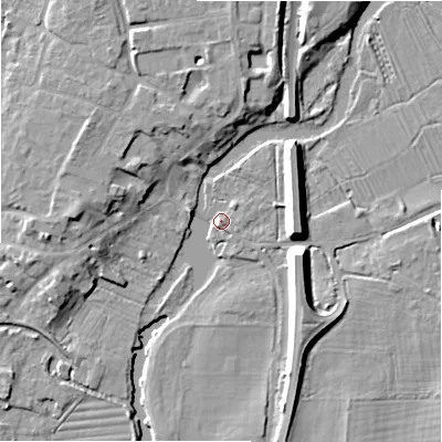 Shaded relief map of the ground around SP61AH, computed from Environment Agency LiDAR. The ground here sits at about 26 m above sea level and falls 10 m across the surrounding 800 m. Surface water reaching this point runs off ground lying to the east, 8.0 m higher.