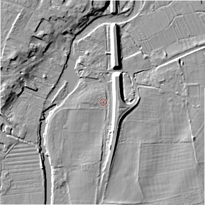 Shaded relief map of the ground around SP61AN, computed from Environment Agency LiDAR. The ground here sits at about 26 m above sea level and falls 10 m across the surrounding 800 m. Surface water reaching this point runs off ground lying to the east-north-east, 6.0 m higher.