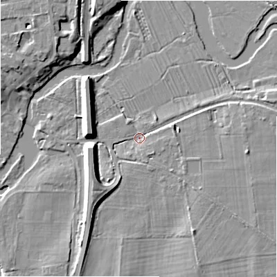 Shaded relief map of the ground around SP61AP, computed from Environment Agency LiDAR. The ground here sits at about 26 m above sea level and falls 10 m across the surrounding 800 m. Surface water reaching this point runs off ground lying to the east, 4.2 m higher.