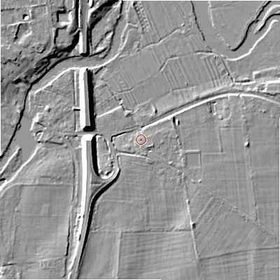 Shaded relief map of the ground around SP61AR, computed from Environment Agency LiDAR. The ground here sits at about 27 m above sea level and falls 10 m across the surrounding 800 m. Surface water reaching this point runs off ground lying to the south-east, 1.9 m higher.