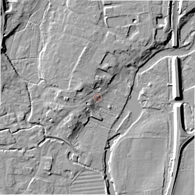 Shaded relief map of the ground around SP61AS, computed from Environment Agency LiDAR. The ground here sits at about 27 m above sea level and falls 12 m across the surrounding 800 m. Surface water reaching this point runs off ground lying to the north-west, 4.6 m higher.