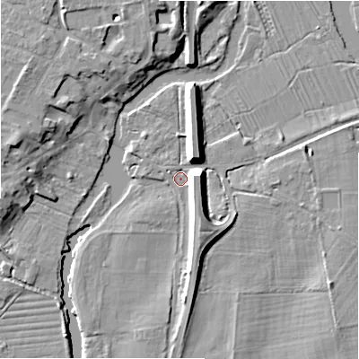 Shaded relief map of the ground around SP61AW, computed from Environment Agency LiDAR. The ground here sits at about 26 m above sea level and falls 10 m across the surrounding 800 m. Surface water reaching this point runs off ground lying to the east-south-east, 7.2 m higher.