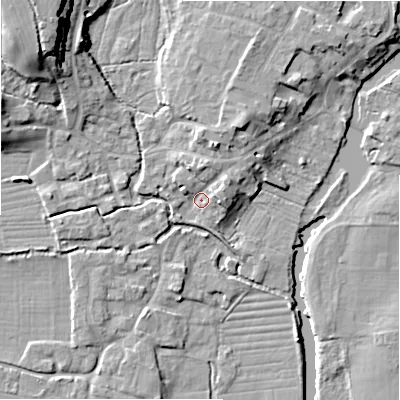 Shaded relief map of the ground around SP61AY, computed from Environment Agency LiDAR. The ground here sits at about 27 m above sea level and falls 18 m across the surrounding 800 m. Surface water reaching this point runs off ground lying to the north, 3.7 m higher.