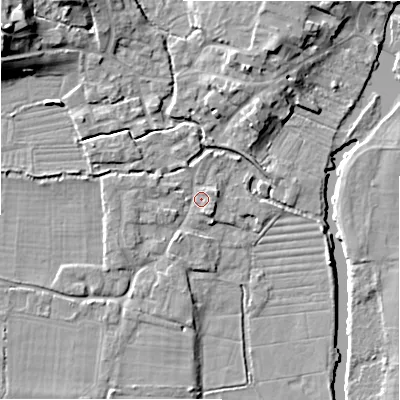 Shaded relief map of the ground around SP61BB, computed from Environment Agency LiDAR. The ground here sits at about 26 m above sea level and falls 16 m across the surrounding 800 m. Surface water reaching this point runs off ground lying to the north-west, 2.1 m higher.