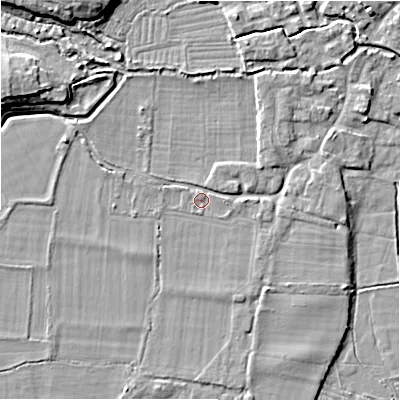 Shaded relief map of the ground around SP61BL, computed from Environment Agency LiDAR. The ground here sits at about 26 m above sea level and falls 9 m across the surrounding 800 m. Surface water reaching this point runs off ground lying to the north-east, 1.8 m higher.
