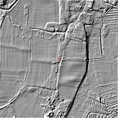 Shaded relief map of the ground around SP61BN, computed from Environment Agency LiDAR. The ground here sits at about 26 m above sea level and falls 6 m across the surrounding 800 m. Surface water reaching this point runs off ground lying to the east-south-east, 1.0 m higher.