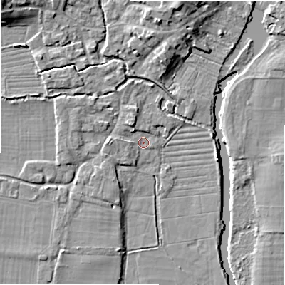 Shaded relief map of the ground around SP61BQ, computed from Environment Agency LiDAR. The ground here sits at about 25 m above sea level and falls 10 m across the surrounding 800 m. Surface water reaching this point runs off ground lying to the north-west, 3.1 m higher.