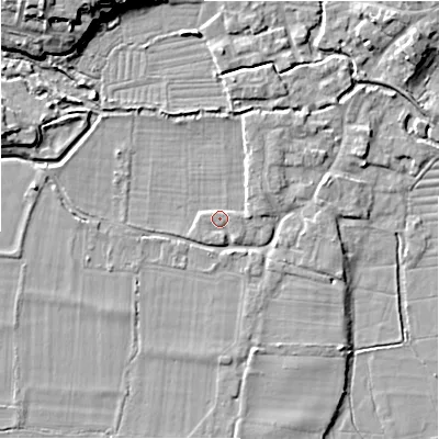 Shaded relief map of the ground around SP61BT, computed from Environment Agency LiDAR. The ground here sits at about 26 m above sea level and falls 14 m across the surrounding 800 m. Surface water reaching this point runs off ground lying to the north-west, 12.4 m higher.