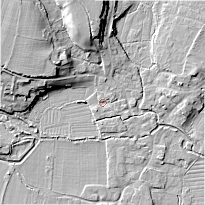 Shaded relief map of the ground around SP61FQ, computed from Environment Agency LiDAR. The ground here sits at about 27 m above sea level and falls 17 m across the surrounding 800 m. Surface water reaching this point runs off ground lying to the east-north-east, 1.6 m higher.