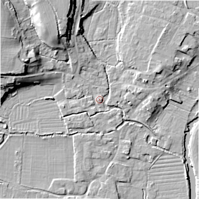 Shaded relief map of the ground around SP61GH, computed from Environment Agency LiDAR. The ground here sits at about 27 m above sea level and falls 18 m across the surrounding 800 m. Surface water reaching this point runs off ground lying to the north-north-west, 15.3 m higher.