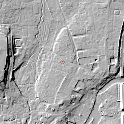 Shaded relief map of the ground around SP61HU, computed from Environment Agency LiDAR. The ground here sits at about 31 m above sea level and falls 17 m across the surrounding 800 m. Surface water reaching this point runs off ground lying to the south-east, 0.7 m higher.