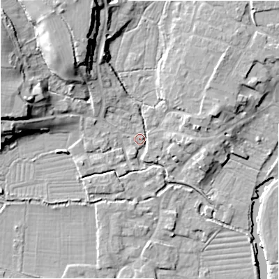 Shaded relief map of the ground around SP61JG, computed from Environment Agency LiDAR. The ground here sits at about 27 m above sea level and falls 19 m across the surrounding 800 m. Surface water reaching this point runs off ground lying to the north-north-west, 16.1 m higher.
